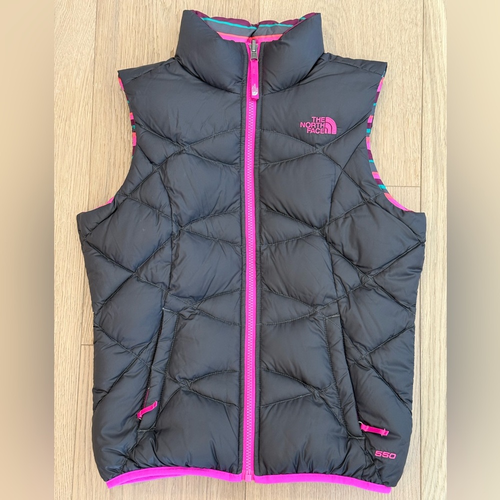 North Face Girls Down Vest Reversible Black/Grey & Pink Size Medium 10/12